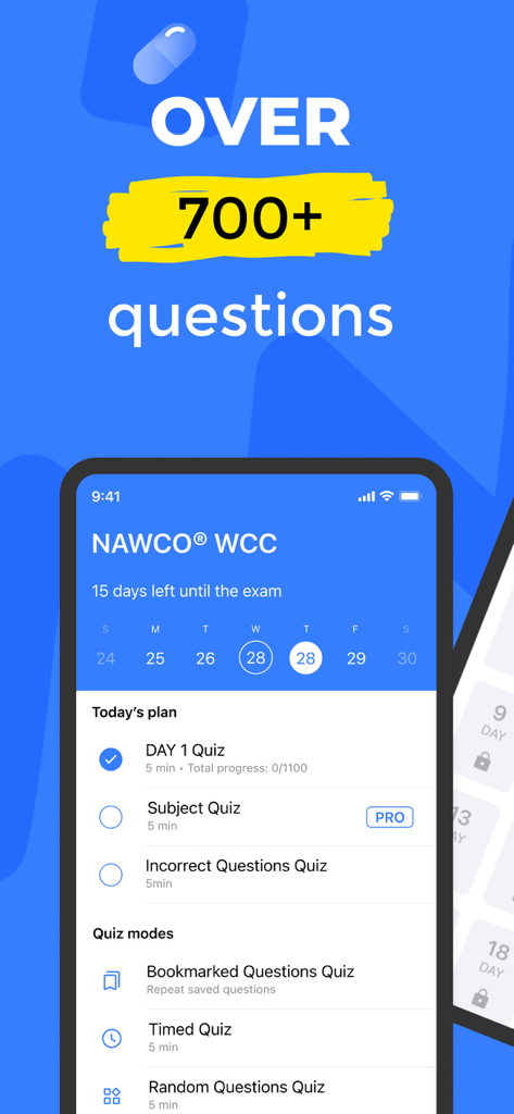 WCC Exam: Wound Care Prep 2026 - WCC Exam Prep app interface showing a personalized daily study plan and various quiz modes for wound care certification
