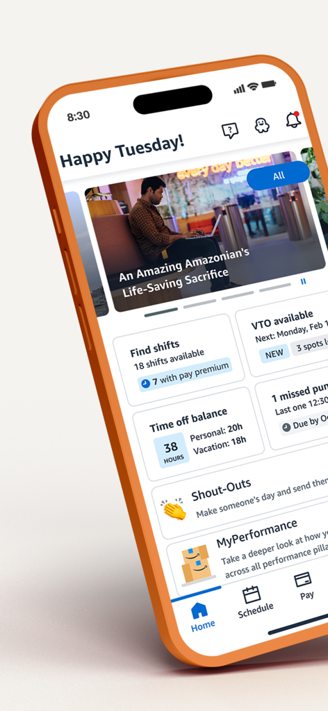 Pantalla de inicio de la aplicación Amazon de la A a la Z que muestra los turnos disponibles, el saldo de tiempo libre y las notificaciones de trabajo