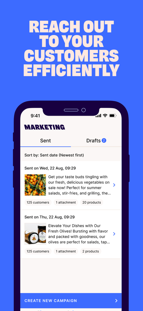 Choco - The Choco app marketing screen showing sent campaigns for food distributors to engage customers
