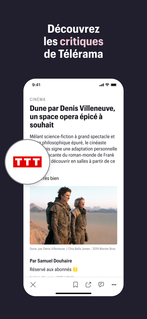 Interfaz de la aplicación Telerama que muestra una crítica de cine de Dune con la icónica calificación TTT