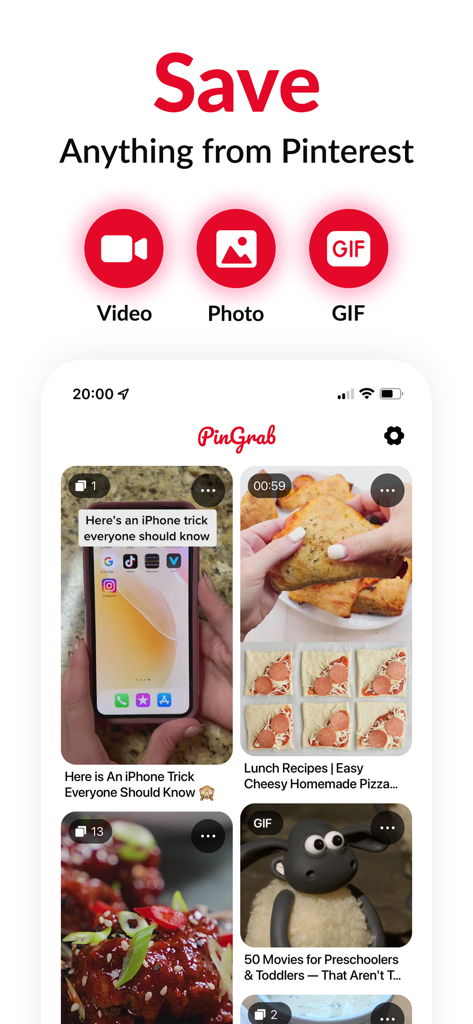 PinGrab: Save & Organize - Interfaccia dell'app mobile PinGrab per salvare video, foto e GIF da Pinterest