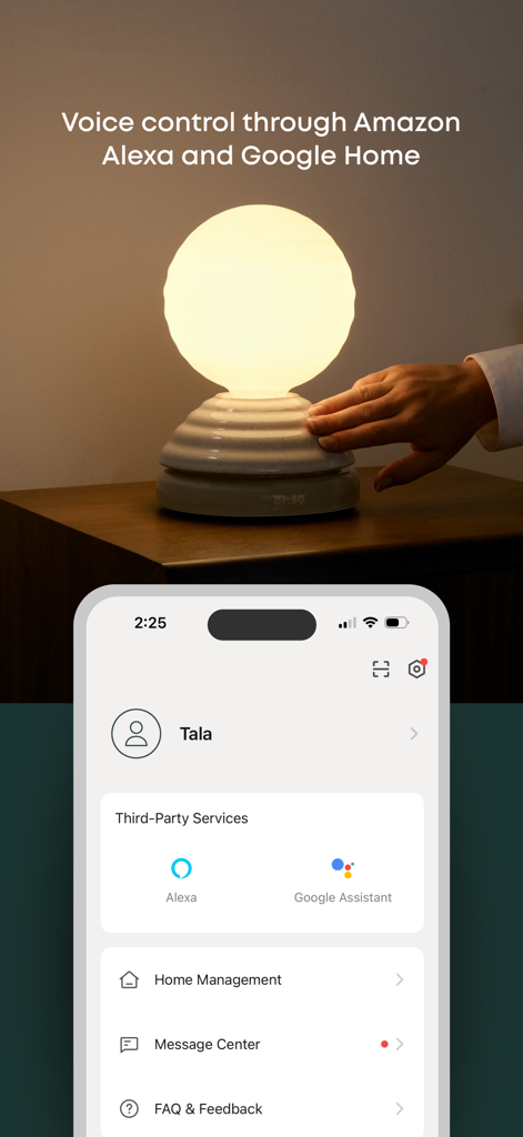 Tala - Interfaz de la aplicación Tala mostrando integración con Amazon Alexa y Google Assistant para control de iluminación inteligente