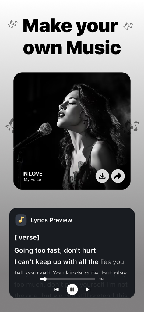 AI Music Generator : AI Songs - Interfaz de la aplicación que muestra una pantalla de creación de canciones con vista previa de la letra y una función de canto IA.