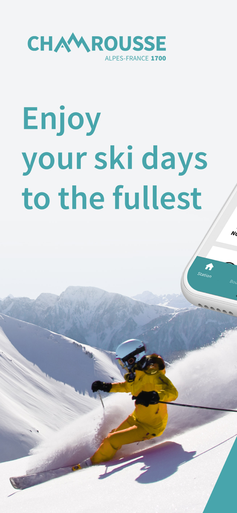 A skier in yellow gear descending a snowy mountain in the French Alps with the Chamrousse app logo and slogan