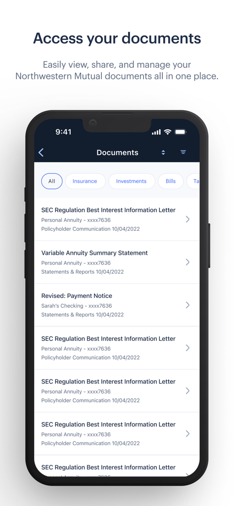 Northwestern Mutual - Northwestern Mutual app screen showing a list of categorized financial documents including insurance and investment statements.