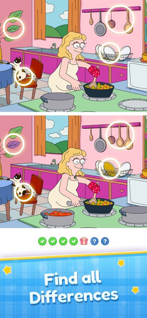 Find the Differences: Spot Fun - 두 개의 비슷한 만화 이미지에서 여성이 부엌에서 요리하는 모습을 보여주는 차이점 찾기 퍼즐 게임.