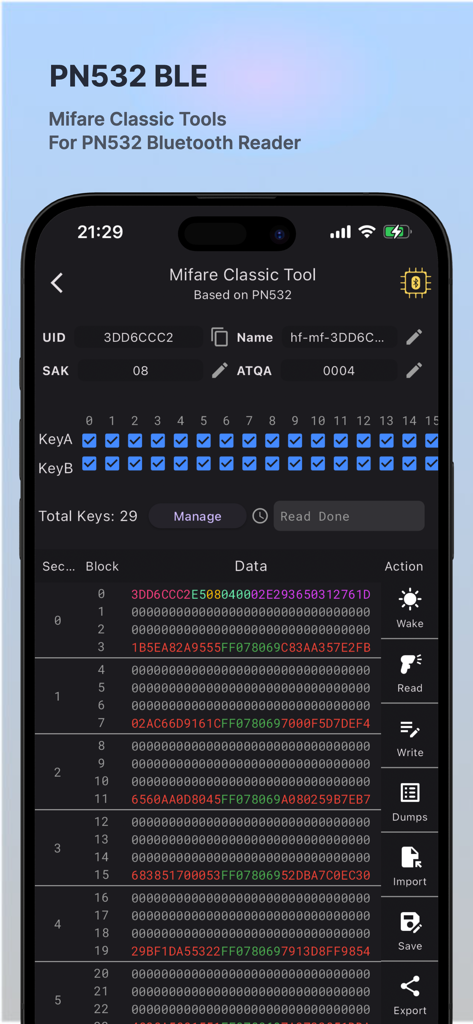 MTools BLE RFID Reader app displaying the Mifare Classic Tool interface with hex data and tag information