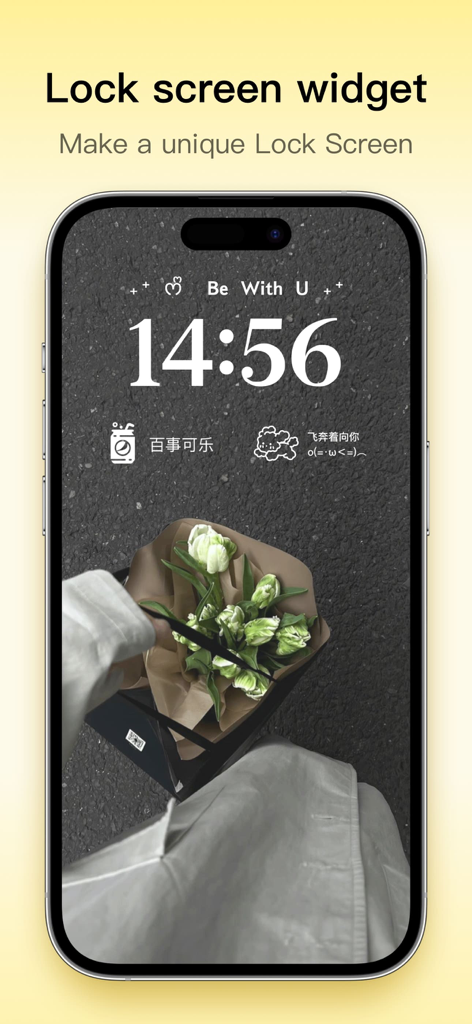 白い花とパーソナライズされたアイコンを備えたColorful Widgetでカスタマイズされた美的iPhoneロック画面