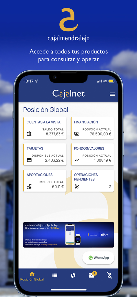 Cajalnet - Panel de la aplicación de banca móvil Cajalnet que muestra saldos de cuentas y resumen financiero
