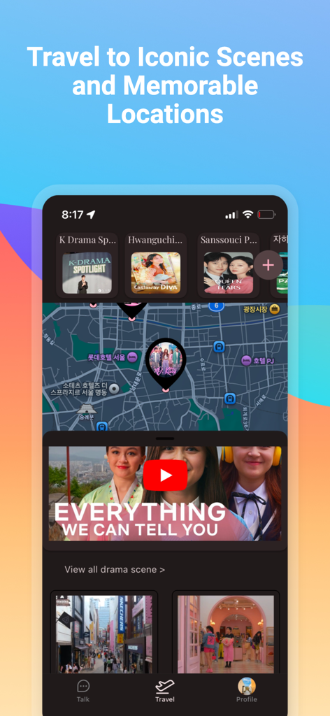 KDora - A map within the KDora app showing various Korean drama filming locations with details and videos.