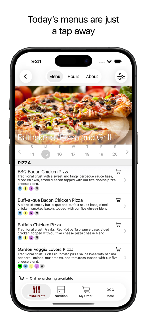 Florida Tech Campus Dining - Florida Tech Campus Dining app Rathskeller menu screen showing pizza options and online ordering