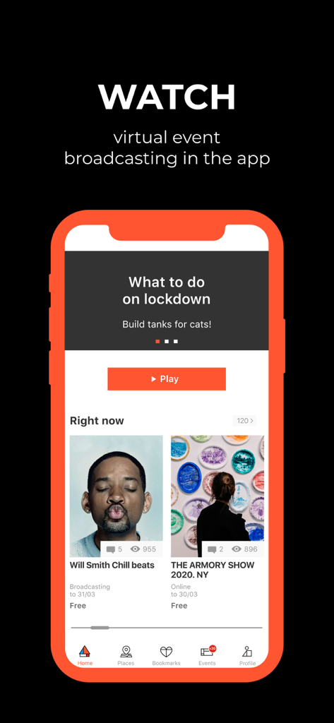 Kaver: Events, Places, Tickets - A mobile screenshot of the Kaver app interface featuring virtual event broadcasting options such as chill beats and art shows.