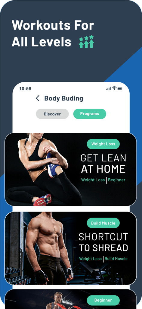 Rony: Muscles Fitness Training - Rony fitness app screen displaying workout programs for all levels including weight loss and muscle building