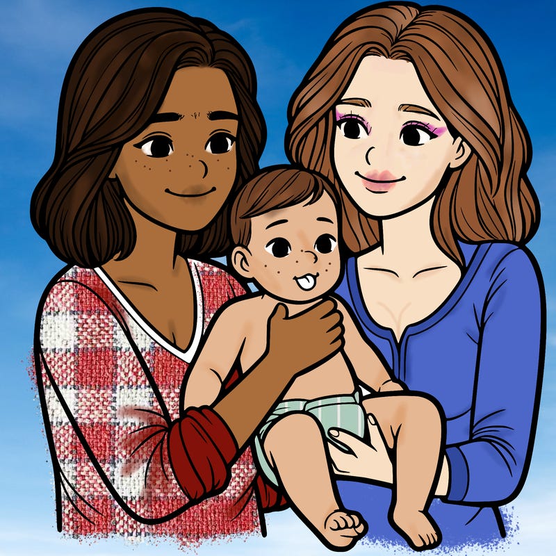 two realistic women holding one baby together
