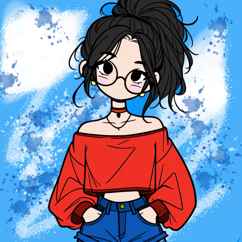 girl with a messy ponytail glasses a baggy crop top and jean shorts