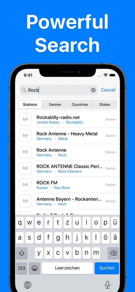 Interface of the FM Radio App showing search results for rock music stations globally