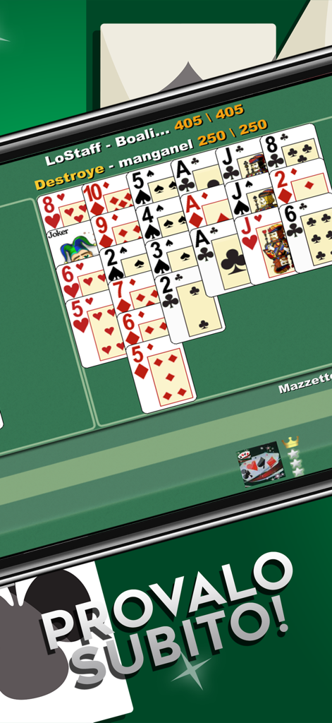 Interfaccia digitale del gioco di carte Burraco che mostra sequenze di carte e punteggi su un tavolo verde.