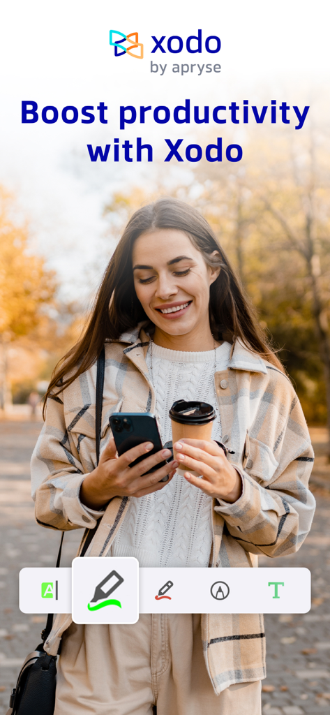 Woman using Xodo app on smartphone to edit PDF documents outdoors