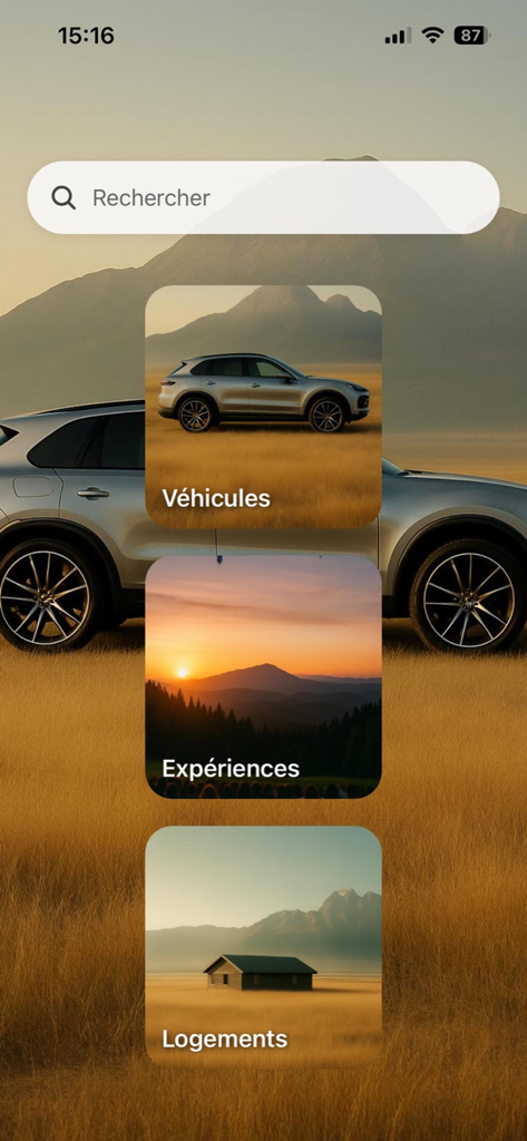 Flexiii - Flexiii app home screen showing search bar and categories for cars experiences and housing