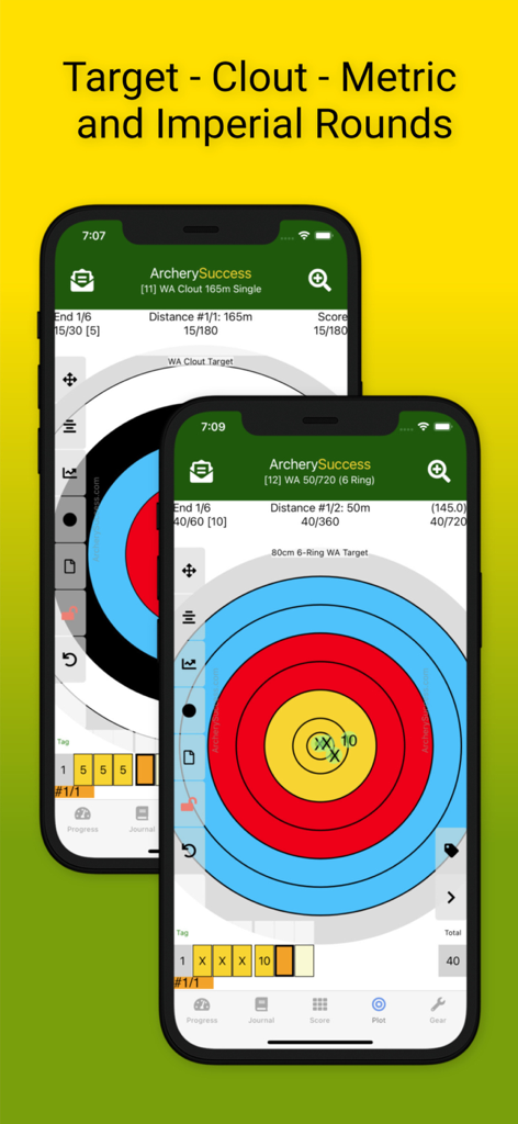 ArcherySuccess - Score & Plot - Interface do aplicativo ArcherySuccess exibindo pontuação de alvo para rodadas métricas e imperiais.