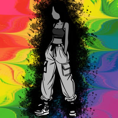 girl in baggy pants crop top and long hair