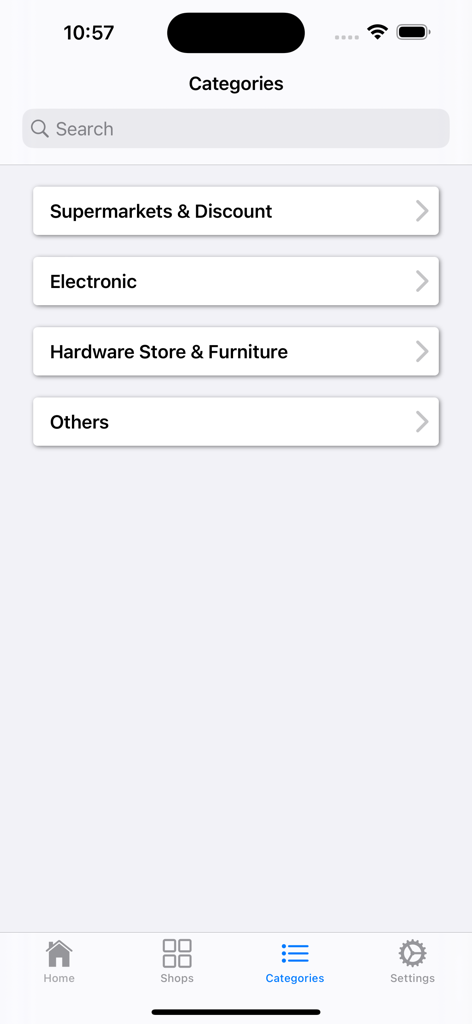 All Flyers (Canada) - Shopping categories screen in the All Flyers Canada app listing store types such as Supermarkets, Electronics, and Hardware.