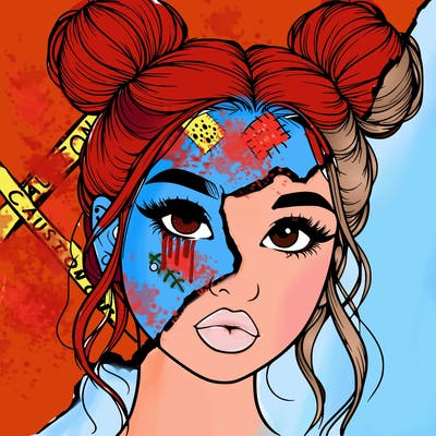 realistic girl with two buns on her hair and lips