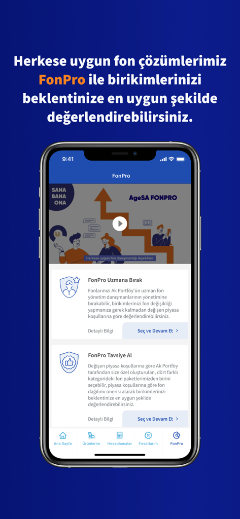 AgeSA Mobil - AgeSA Mobil 앱 인터페이스에 FonPro 펀드 투자 자문 옵션이 표시됨
