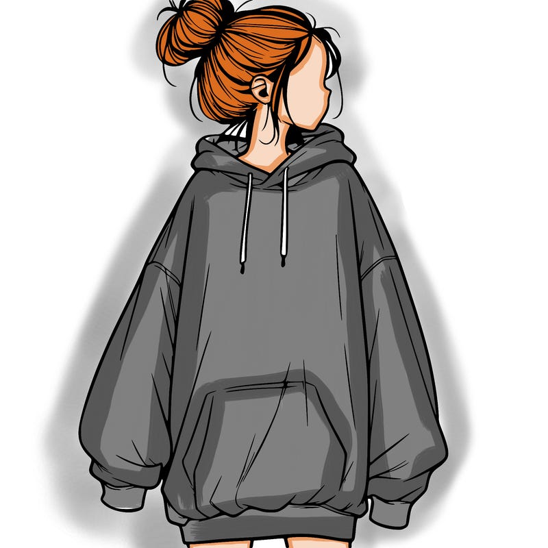 realistic girl with a oversized sweatshirt on and a bun
