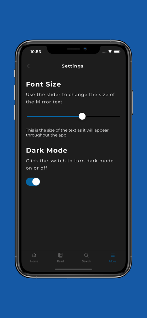 Mirror Study Bible - Settings screen of the Mirror Study Bible app featuring font size adjustment and dark mode toggle on an iPhone.