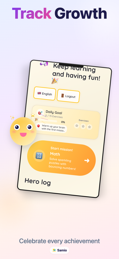 Samio Learning - Interface of Samio Learning app displaying child progress daily goals and math learning missions