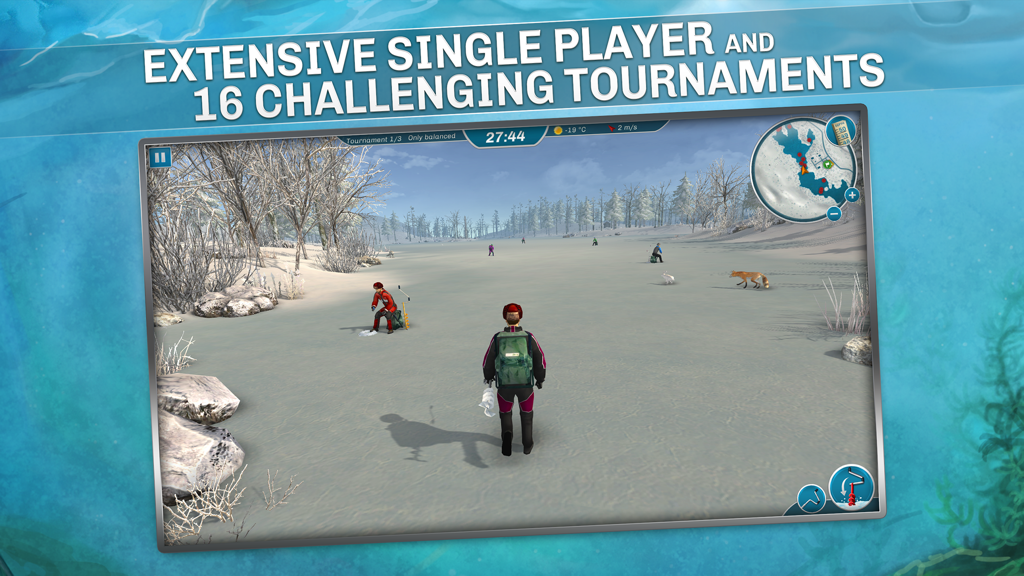 Ice Lakes - Character standing on a frozen lake during an ice fishing tournament simulation