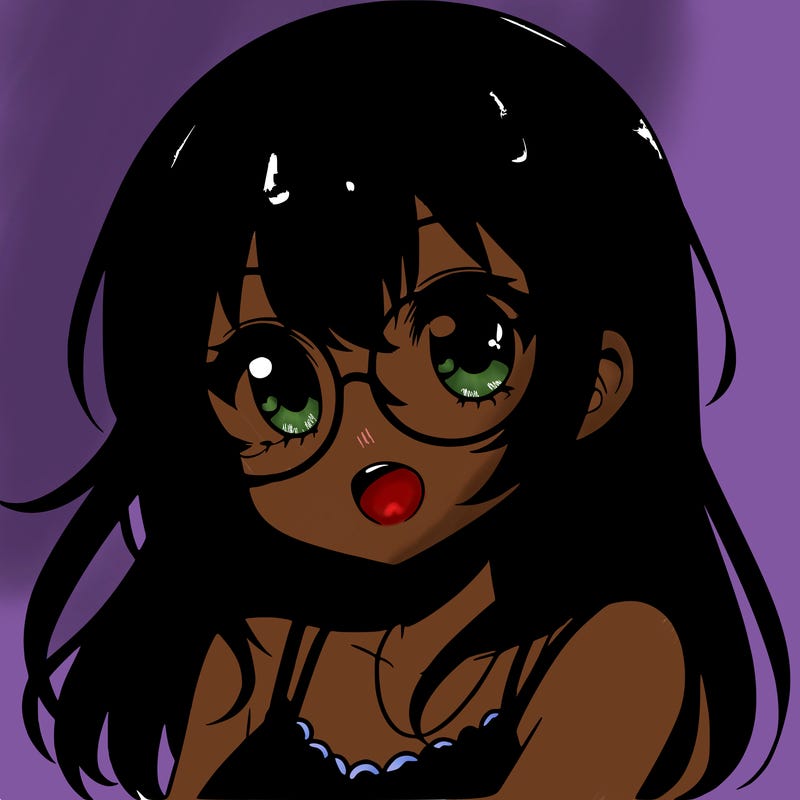 anime girl with black hair and blue glasses