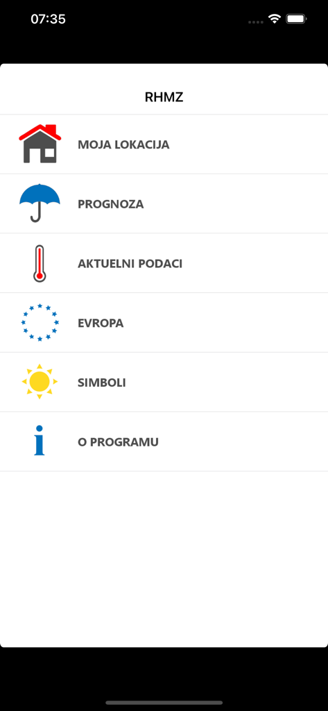 RHMZ - Main menu of the RHMZ weather app featuring navigation options for location, forecast, and current data with simple icons.