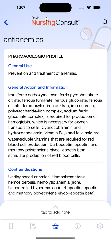 Perfil farmacológico de los fármacos antianémicos en la aplicación Davis Nursing Consult.