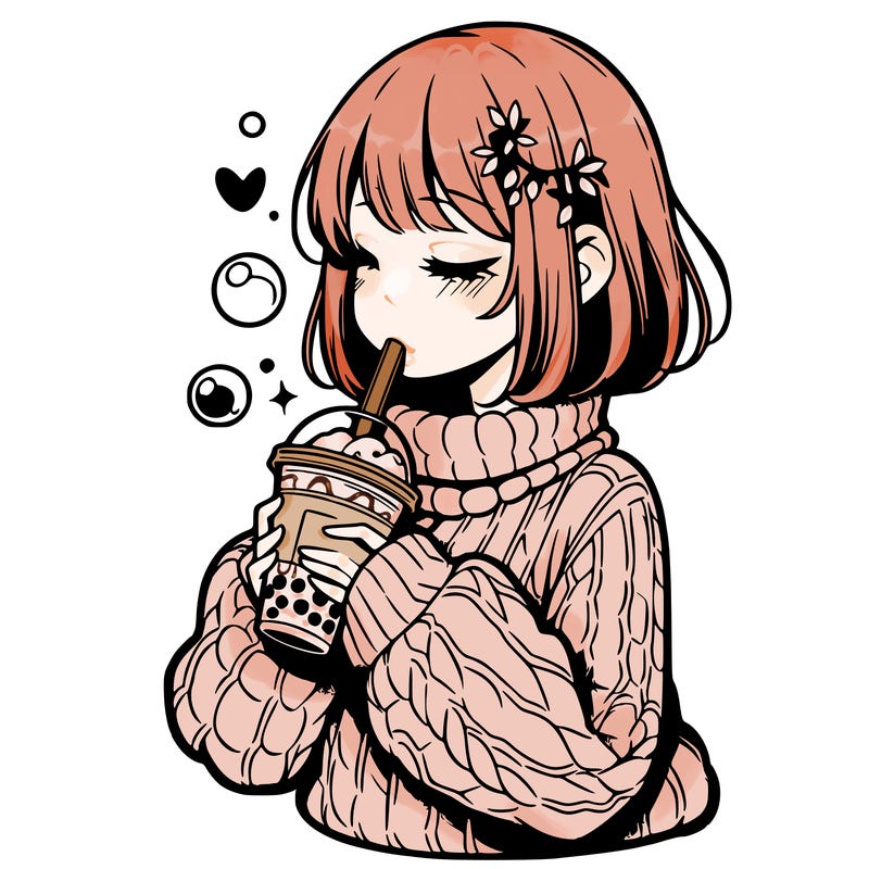 manga girl drinking boba in cozy sweater
