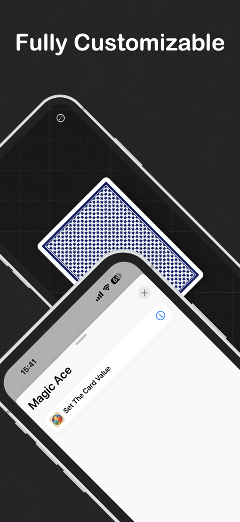 Magic Ace - Interface of the Magic Ace app on two smartphones showing a customizable card back and a settings menu to set card values