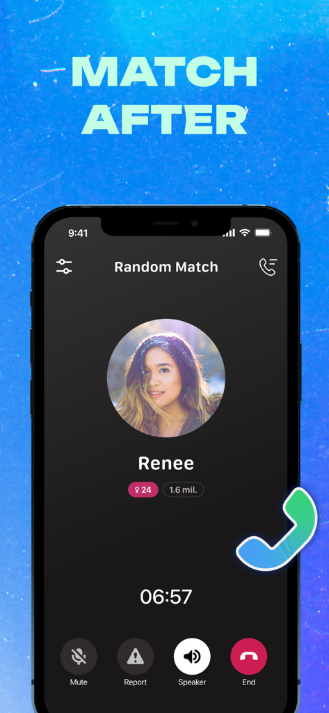 Goodnight: Dating & Voice Chat - Smartphone screen showing a random voice chat match on the Goodnight dating app with a 7-minute timer.