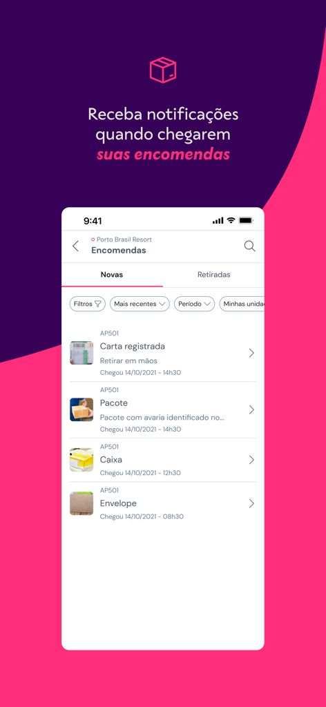 Gruvi - Screenshot of the Gruvi app showing a list of received packages and delivery notification features