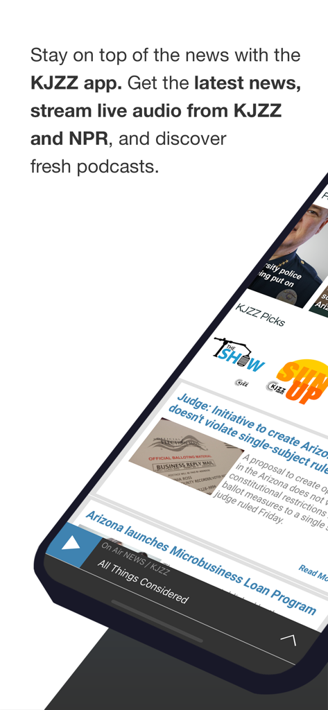KJZZ Phoenix - KJZZ Phoenix mobile app screen displaying local news stories and live NPR radio player