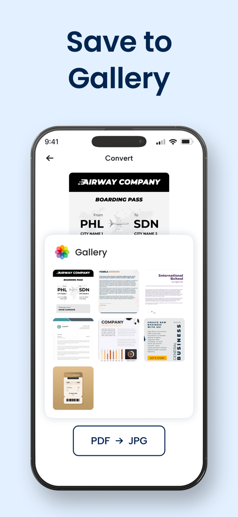 PDF to JPG Converter - JPEG - PDF to JPG converter app screen showing converted documents saved in the mobile gallery.