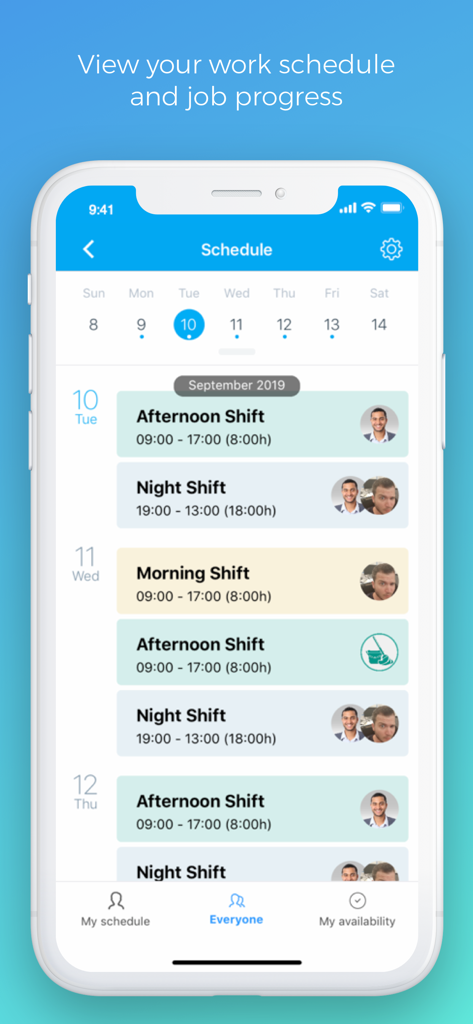 Connecteam Kiosk - Connecteam Kiosk app interface showing employee work shifts and schedule management