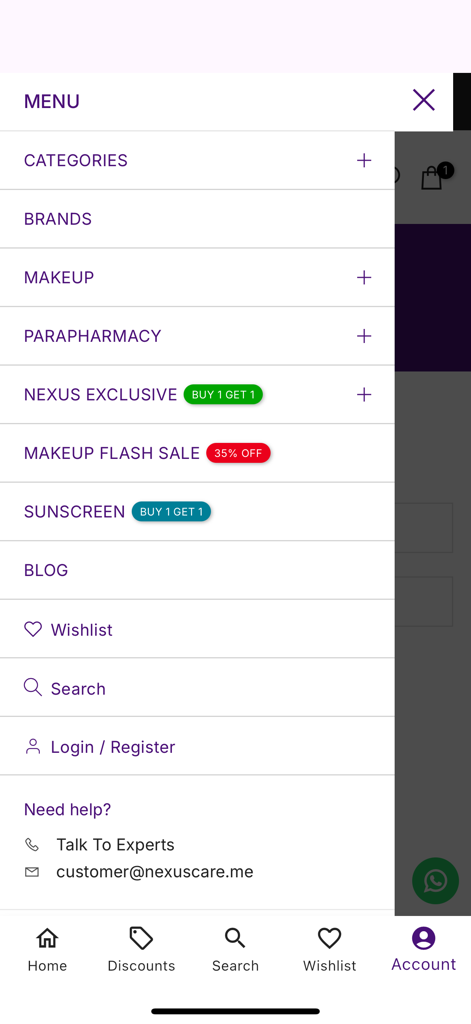 Nexus Care Beauty - Menú de navegación lateral de la aplicación Nexus Care Beauty que muestra categorías como Maquillaje y Parafarmacia con etiquetas de descuento.