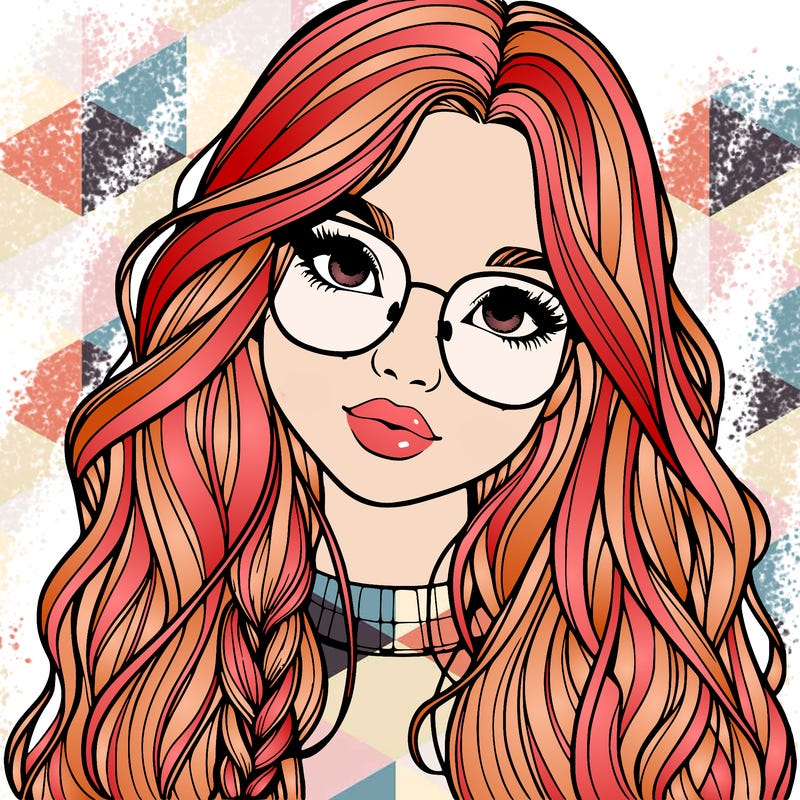 girl with long hair and freckles and glasses realistic