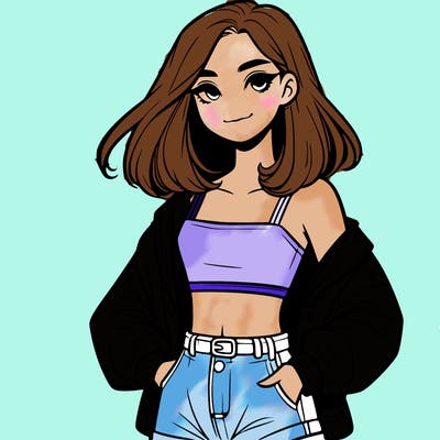 a realistic girl with a crop top and short shorts in an open jacket