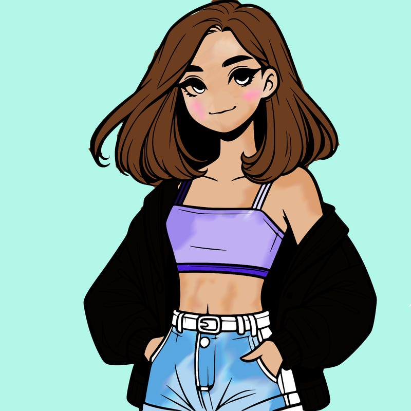 a realistic girl with a crop top and short shorts in an open jacket