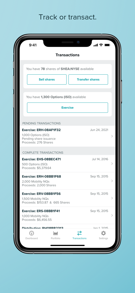 Shareworks app screen for managing stock transactions and exercising options