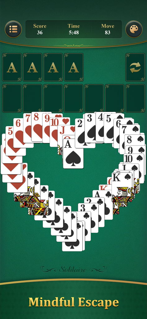 Solitaire Klondike: Brain Game - Pantalla del juego cerebral Solitario Klondike mostrando una animación de carta en forma de corazón y el texto Mindful Escape.