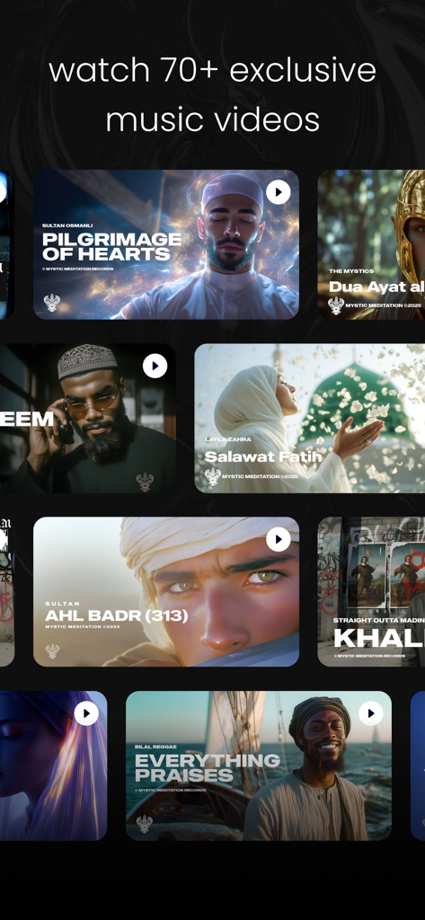 Mystic Meditation Records - A gallery of over 70 exclusive modern Islamic nasheed music videos within the app interface