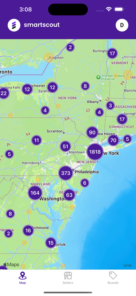 SmartScout - SmartScout app map view showing clusters of Amazon sellers across the Northeastern United States